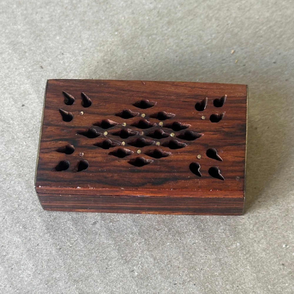 Antique Hand Carved Rosewood Trinket Box Brass Inlay Sliding Lid Mini 2.5 Inch